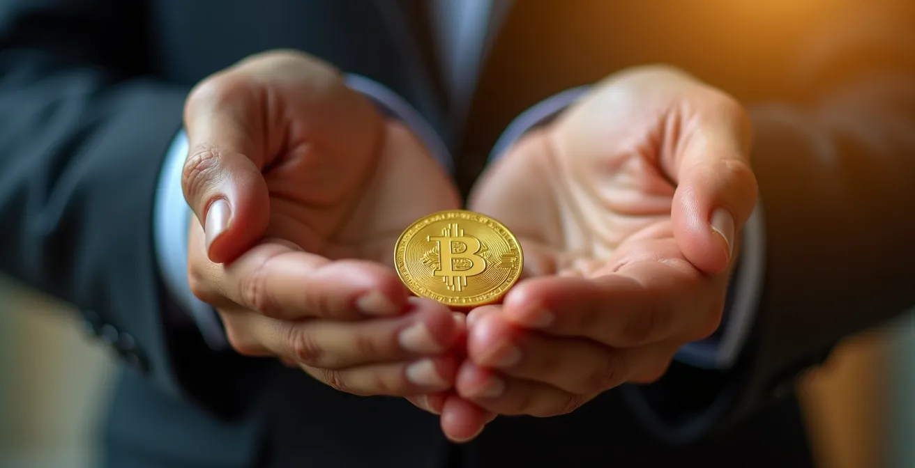 Geschäftsmann hält symbolisch goldene Münze als Metapher für Unternehmensanteil