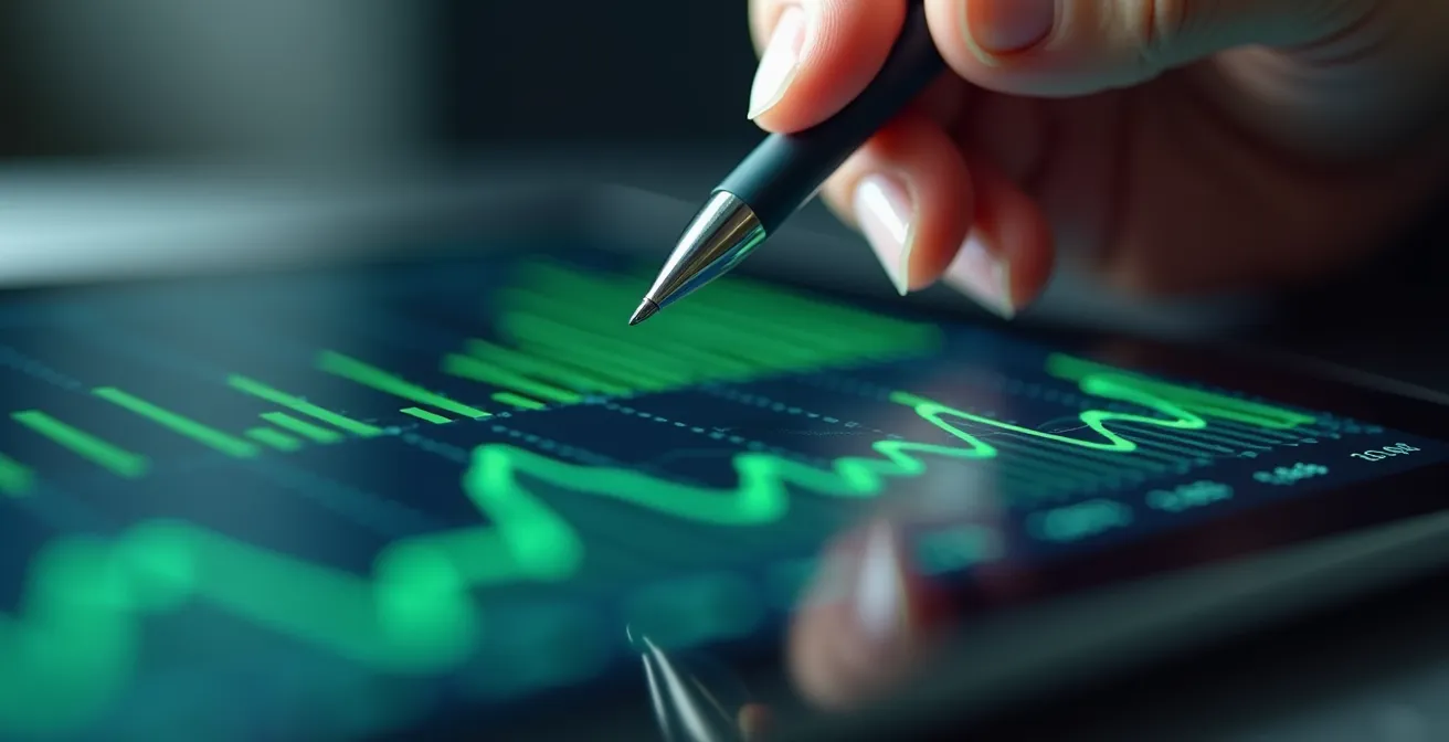 Detailaufnahme von Geschäftskennzahlen und Ratingverbesserung auf Tablet