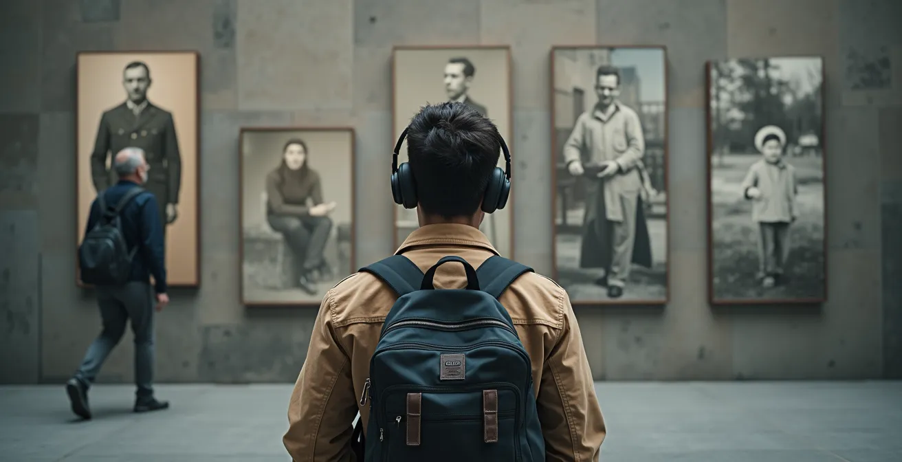 Person mit Audiogerät steht nachdenklich vor einer Gedenkstättenmauer mit historischen Fotografien