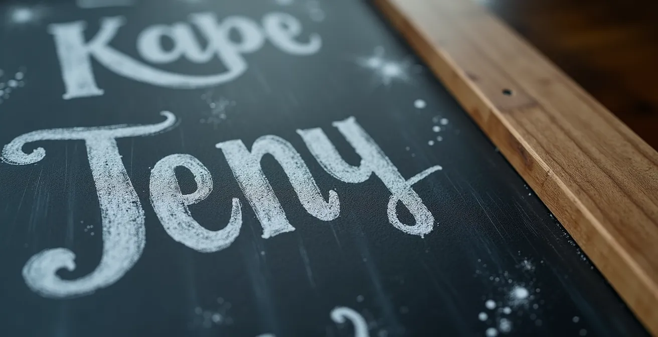 Nahaufnahme einer handgeschriebenen deutschen Speisekarte auf einer Kreidetafel mit traditionellen Gerichten.