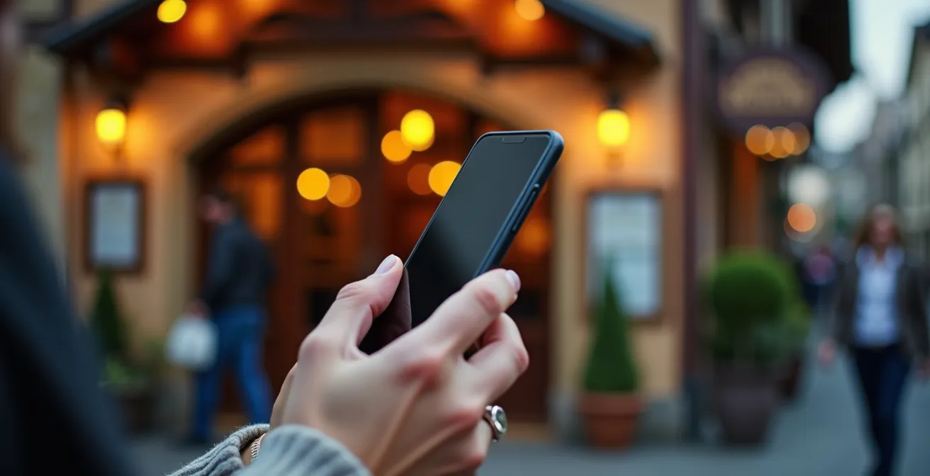 Hände halten ein Smartphone mit einer unscharfen Karte, im Hintergrund ist eine gemütliche deutsche Gaststätte zu sehen.