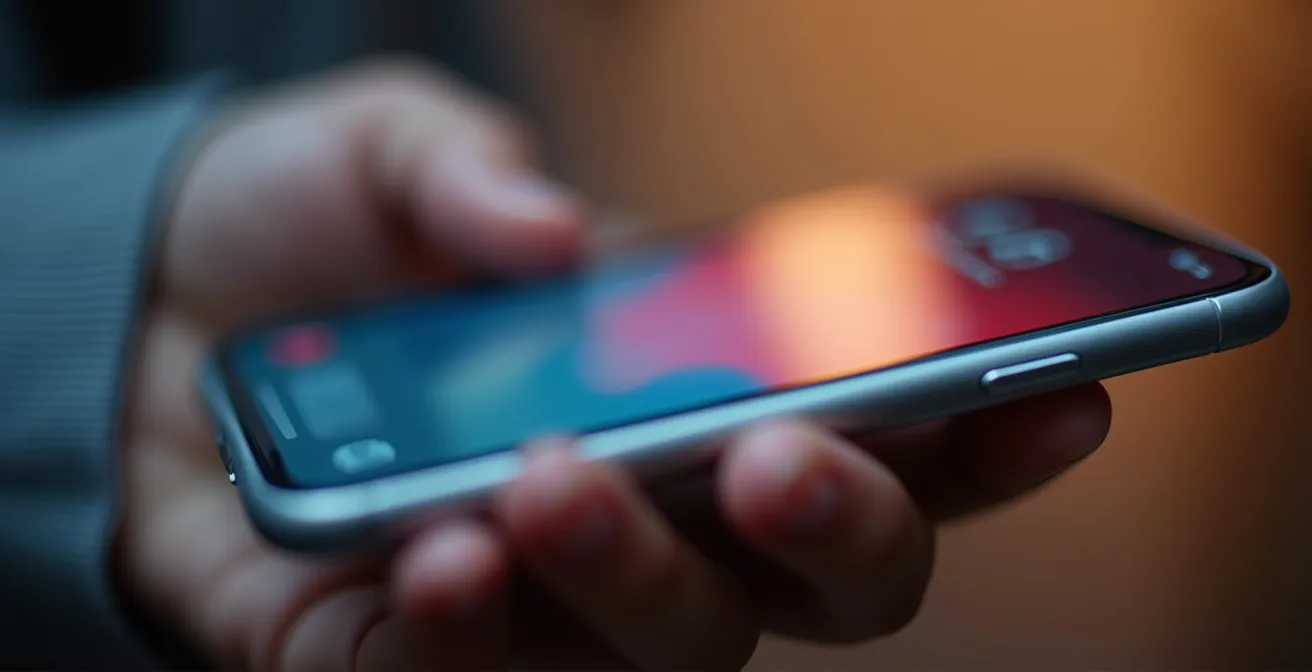 Eine Person hält ein Smartphone in der Hand, auf dessen unscharfem Bildschirm die Oberfläche einer Therapie-App zu sehen ist.