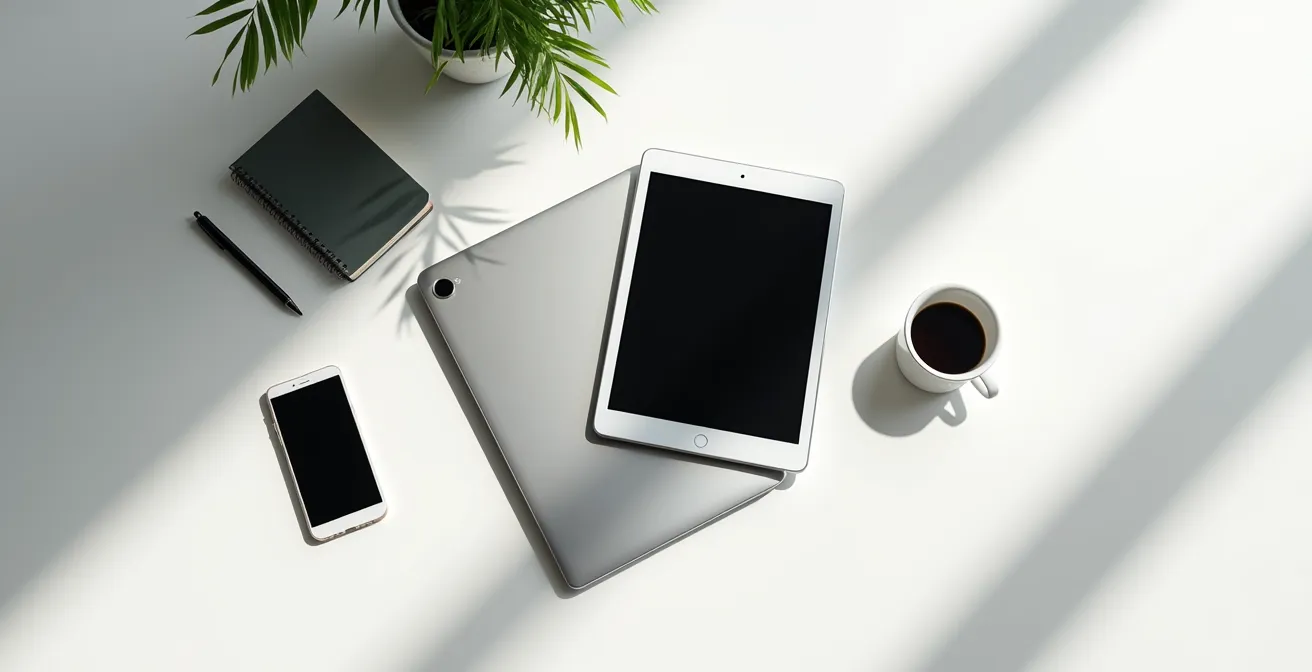 Moderner deutscher Arbeitsplatz mit verschiedenen digitalen Geräten in harmonischer Anordnung