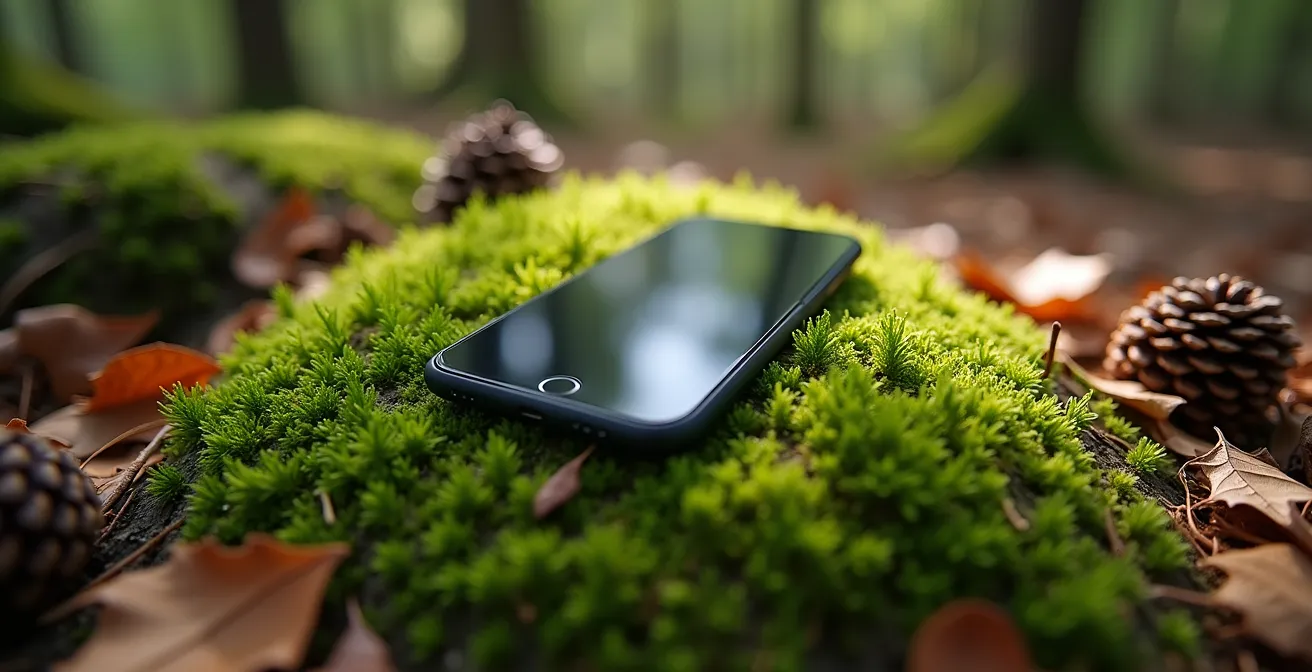 Nahaufnahme eines ausgeschalteten Smartphones auf einem bemoosten Baumstamm im deutschen Wald