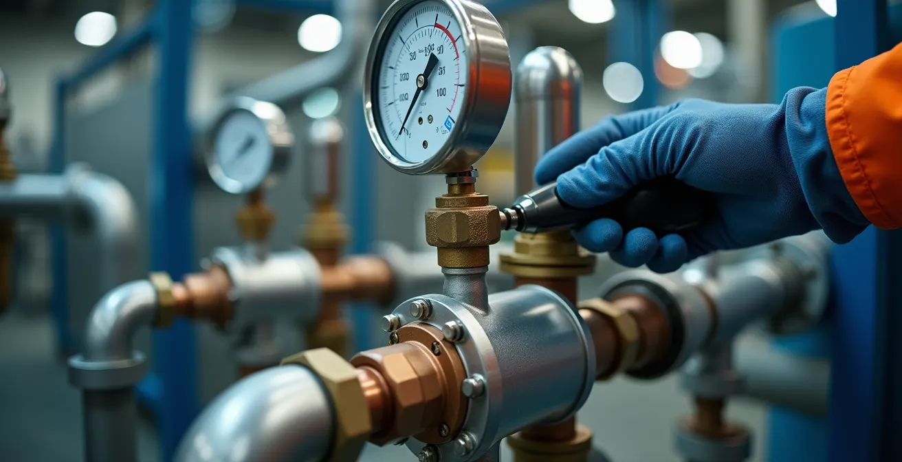 Techniker mit Ultraschallgerät prüft Druckluftsystem in deutscher Produktionshalle