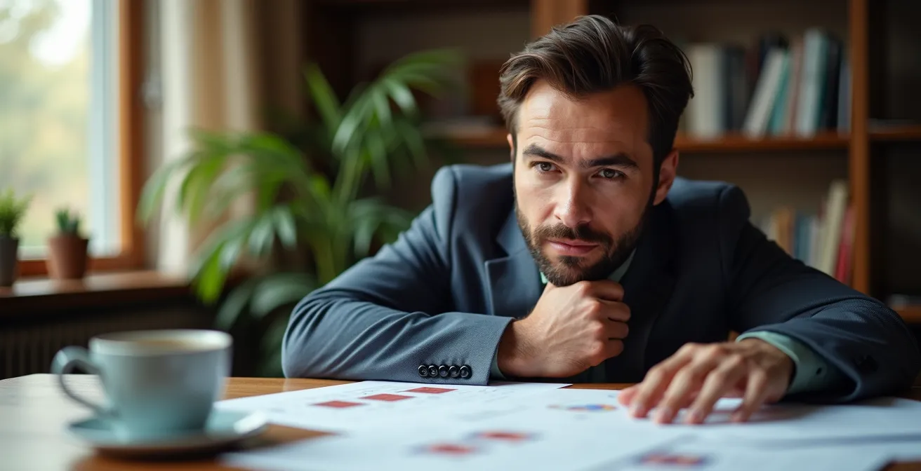 Person in nachdenklicher Pose mit Kursunterlagen, symbolisiert Abbruch-Entscheidung