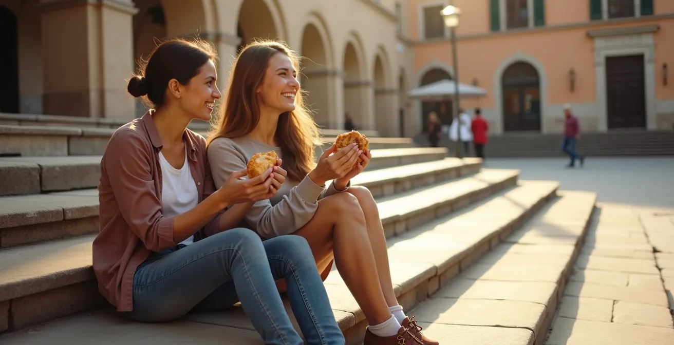 Entspanntes Paar, das auf den Stufen eines ruhigen Platzes sitzt und in der Nachmittagssonne eine gemeinsame Mahlzeit genießt.