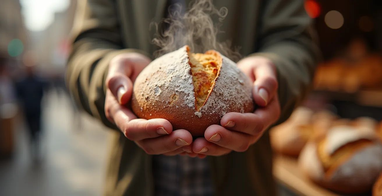 Nahaufnahme von Händen, die ein frisch gebackenes, dampfendes Brot halten, als Symbol für einen intensiven Sinneseindruck einer Stadtreise.