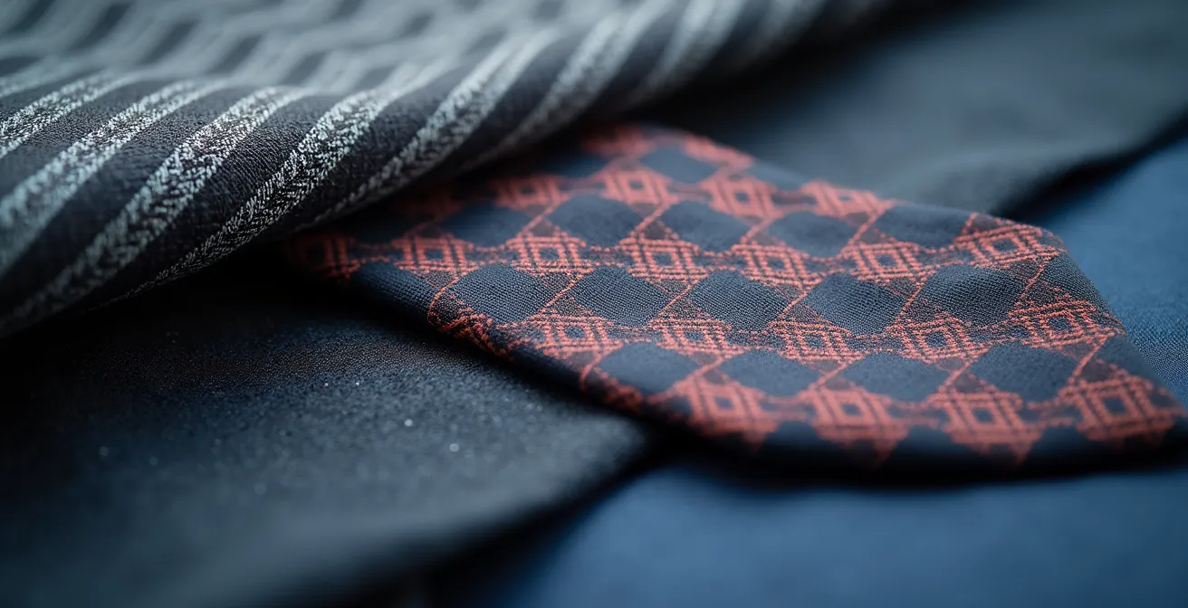 Detailaufnahme hochwertiger Business-Stoffe mit verschiedenen Texturen in deutschen Unternehmensfarben