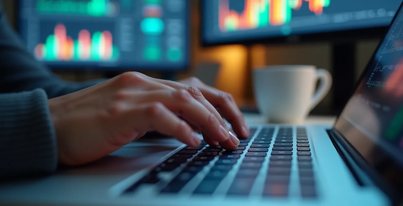 Nahaufnahme von Händen die an einem komplexen Excel-Dashboard arbeiten mit Diagrammen im Hintergrund