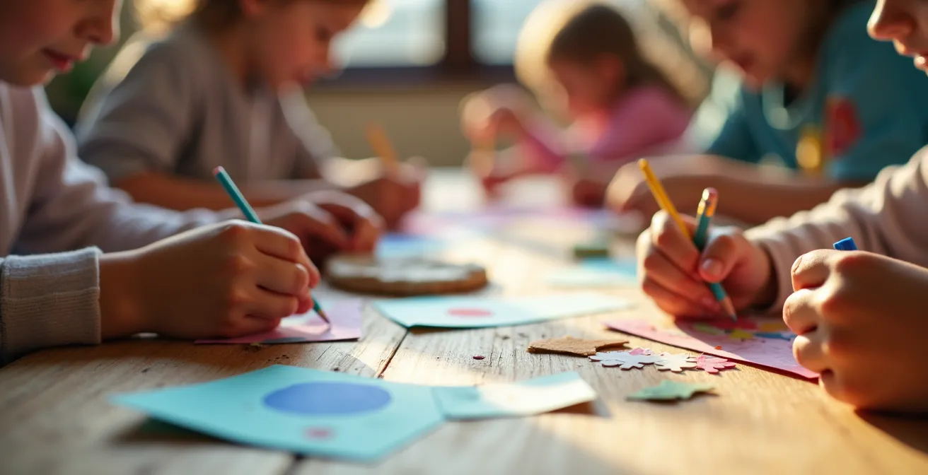 Familie am Holztisch bastelt kreative Erinnerungsstücke mit bunten Materialien