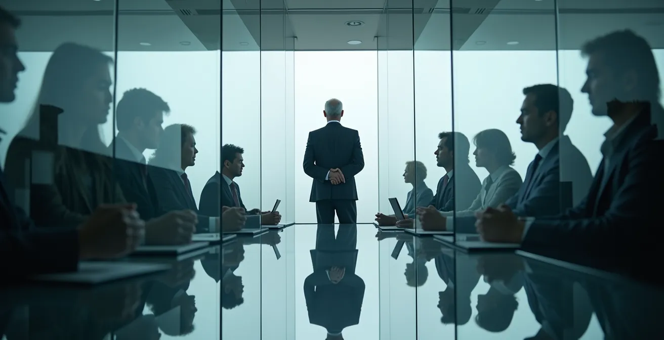 Eine Führungskraft steht symbolisch zwischen den Anforderungen von oben und unten in einem modernen Büro.