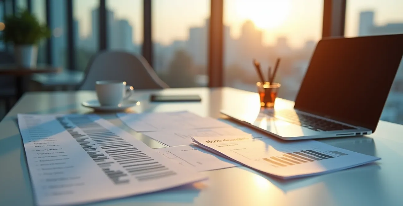 Arbeitsplatz mit Gehaltsanalyse-Dokumenten und Laptop zeigt Stellenportale