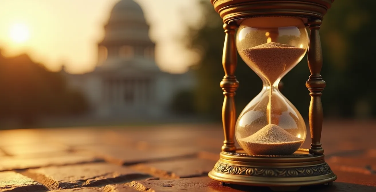 Zeitstrahl des deutschen Gesetzgebungsprozesses, symbolisiert durch eine Sanduhr, die die Dringlichkeit frühen Handelns unterstreicht.