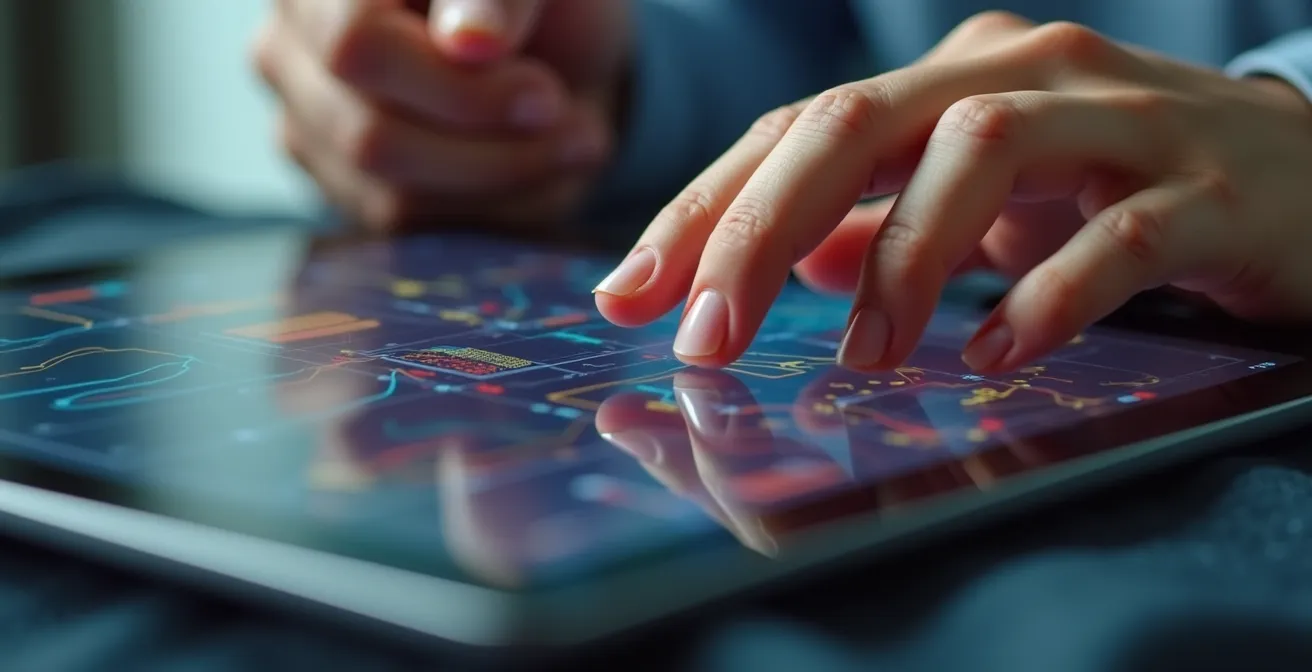 Extreme Nahaufnahme von Händen, die Gesundheitsdaten auf einem Tablet analysieren