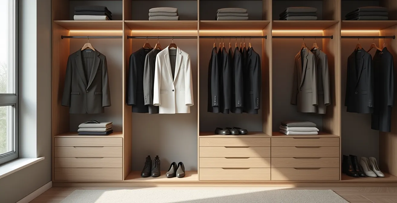 Moderne Business-Garderobe in verschiedenen Karrierephasen dargestellt