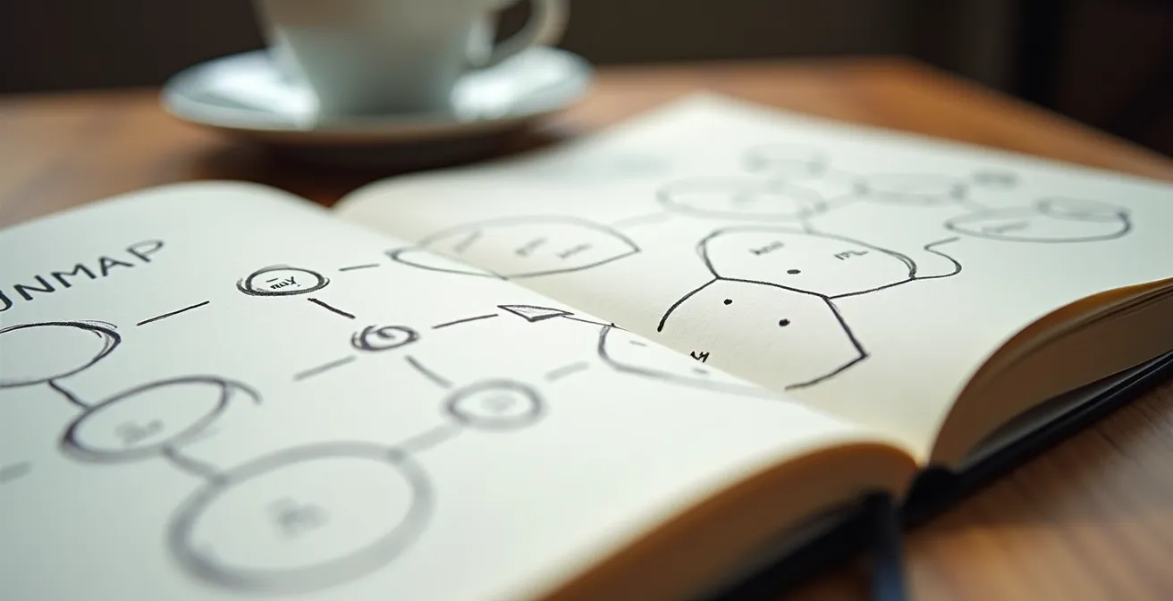 Nahaufnahme eines aufgeschlagenen Notizbuchs mit handgezeichneter Mindmap zur Karriereplanung