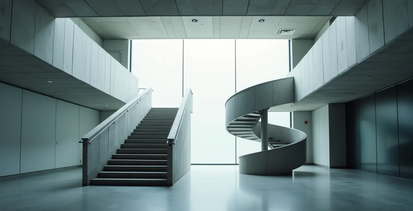 Metaphorische Darstellung einer Karriereentscheidung mit zwei Treppen: eine schmale endet früh, eine breite führt weiter nach oben.