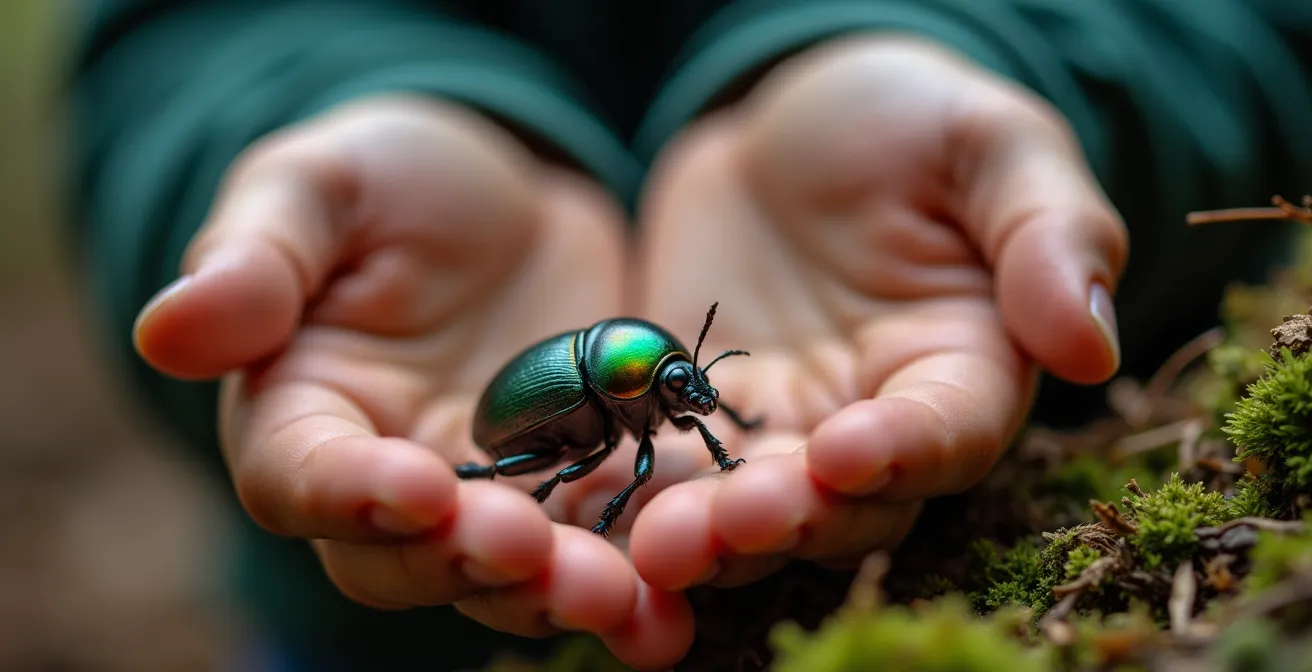 Ein Kind identifiziert mit einer Naturbestimmungs-App auf einem Smartphone eine Pflanze im Wald.