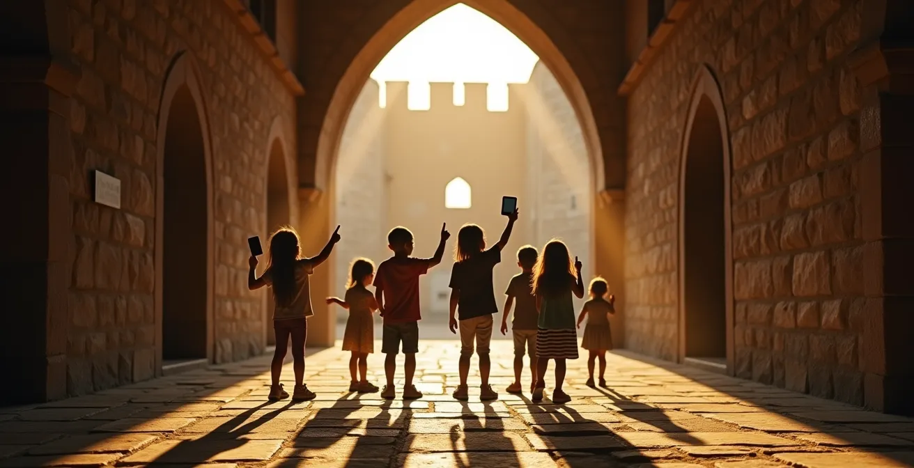 Kinder mit Tablets erkunden eine mittelalterliche Burgmauer bei goldenem Nachmittagslicht