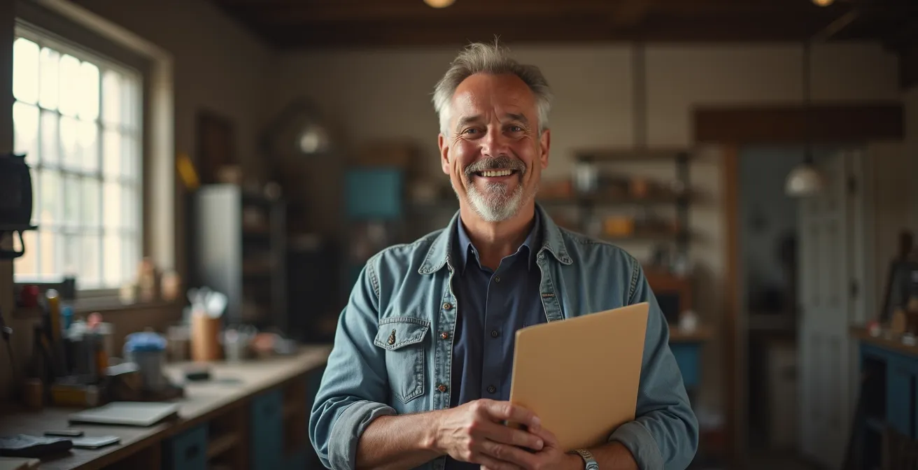 Porträt eines zuversichtlichen mittelständischen Unternehmers in seiner Werkstatt, der nach erfolgreicher Finanzierung optimistisch in die Zukunft blickt.