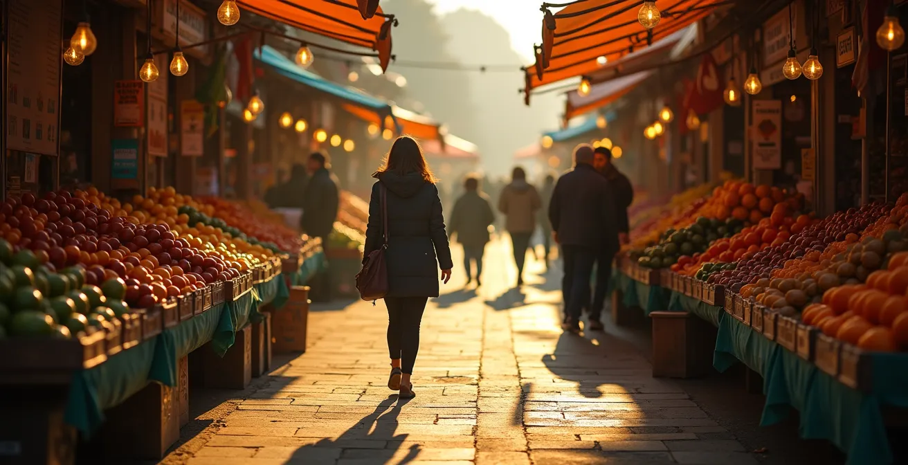 Weitwinkelaufnahme eines belebten deutschen Wochenmarktes mit Einheimischen, die an den Ständen einkaufen.