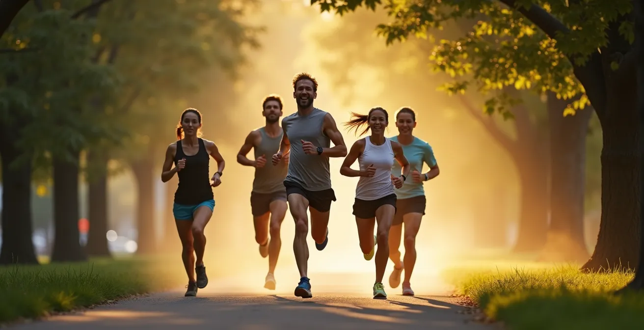 Kleine Laufgruppe von fünf Personen beim gemeinsamen Training im städtischen Park am frühen Morgen