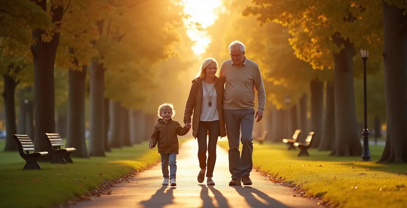 Drei Generationen beim gemeinsamen Spaziergang in einem deutschen Stadtpark