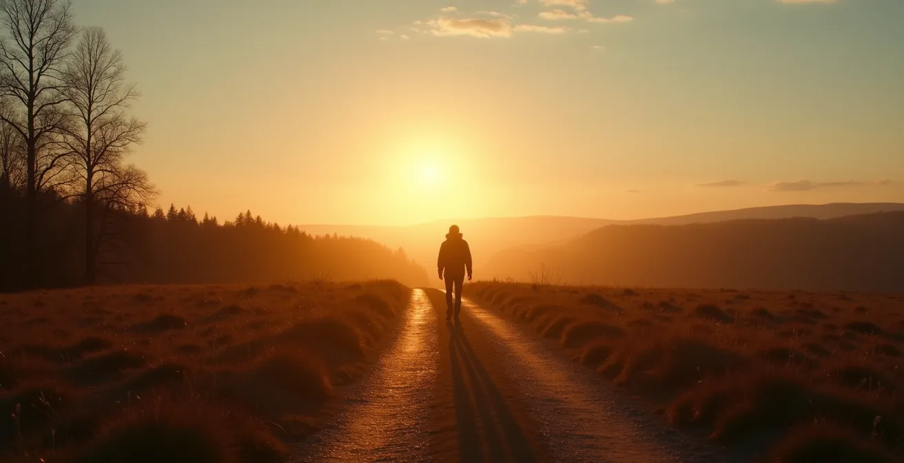 Silhouette einer Person am Scheideweg zwischen zwei Pfaden bei Sonnenuntergang
