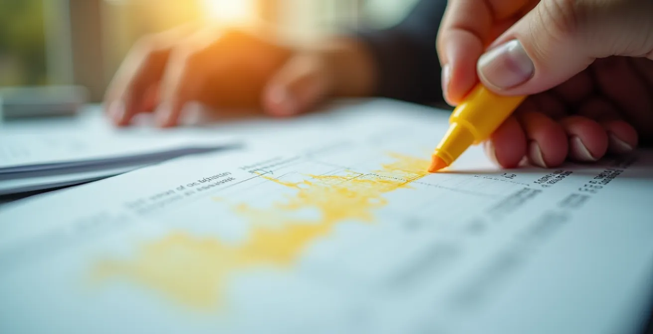 Nahaufnahme von Händen die Finanzberichte mit Textmarker analysieren