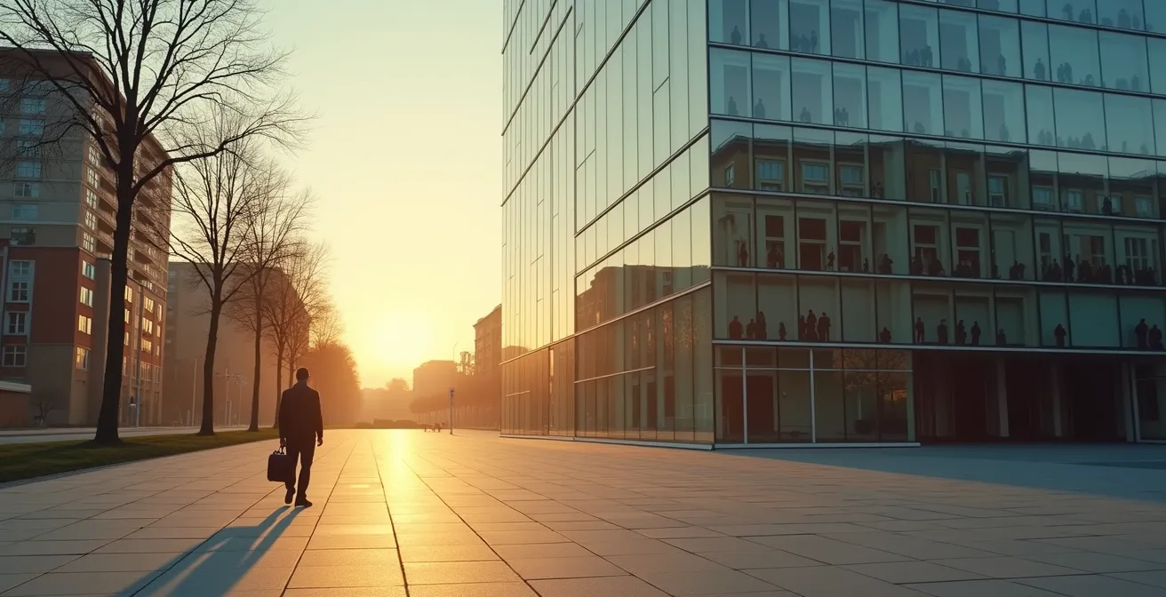 Visualisierung der ungleichen Lobbyvertretung im Berliner Regierungsviertel, die einen einzelnen KMU-Vertreter vor dem Reichstag den vielen Lobbyisten der Konzerne gegenüberstellt.