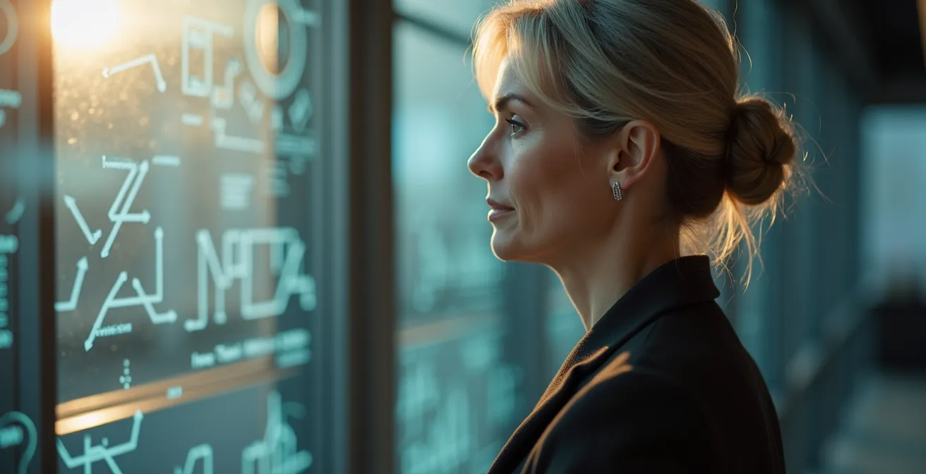 Geschäftsfrau beobachtet multiple Marktindikatoren auf abstrakten Visualisierungen