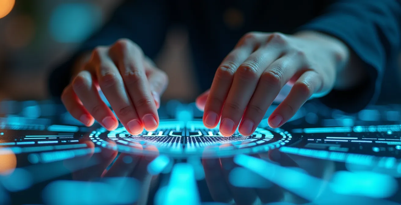 Abstrakte Darstellung der Mensch-KI-Kollaboration am modernen Arbeitsplatz