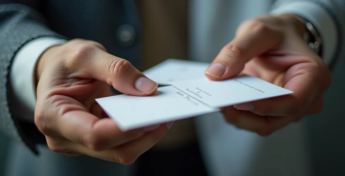 Makroaufnahme von Händen, die Visitenkarten austauschen, als Symbol für präzises Networking.