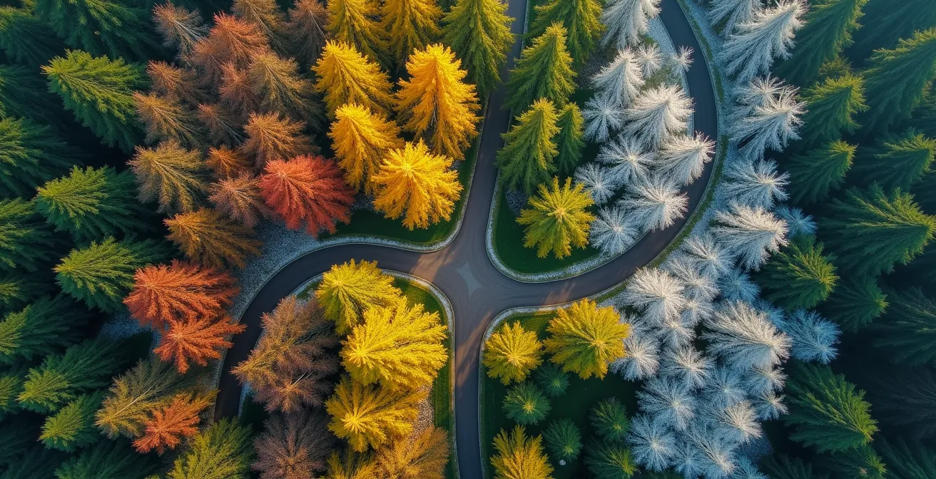 Infografik-ähnliche Waldszene mit verschiedenen Jahreszeiten in Deutschland dargestellt durch unterschiedliche Baumfarben