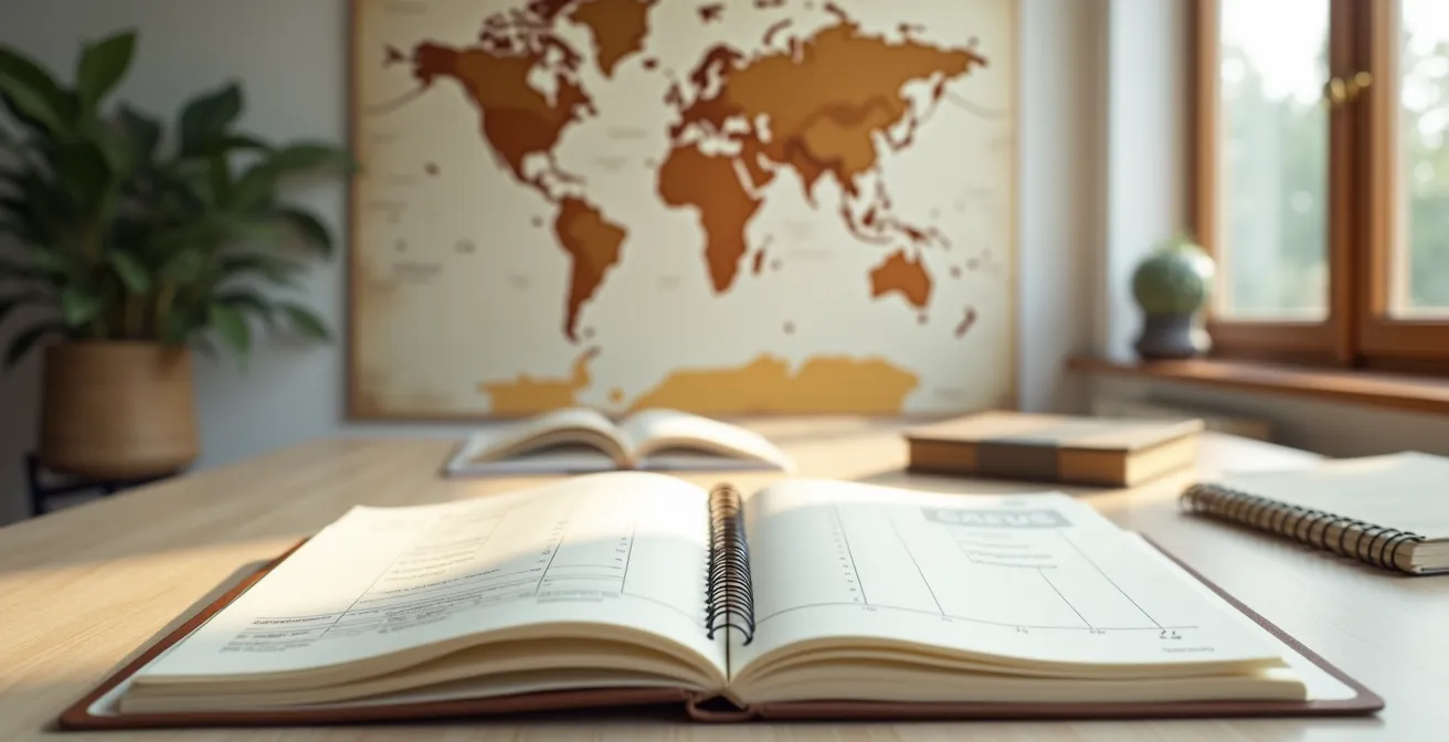 Detaillierte Reiseplanungsunterlagen und Zeitstrahl für 6-Wochen-Vorbereitung