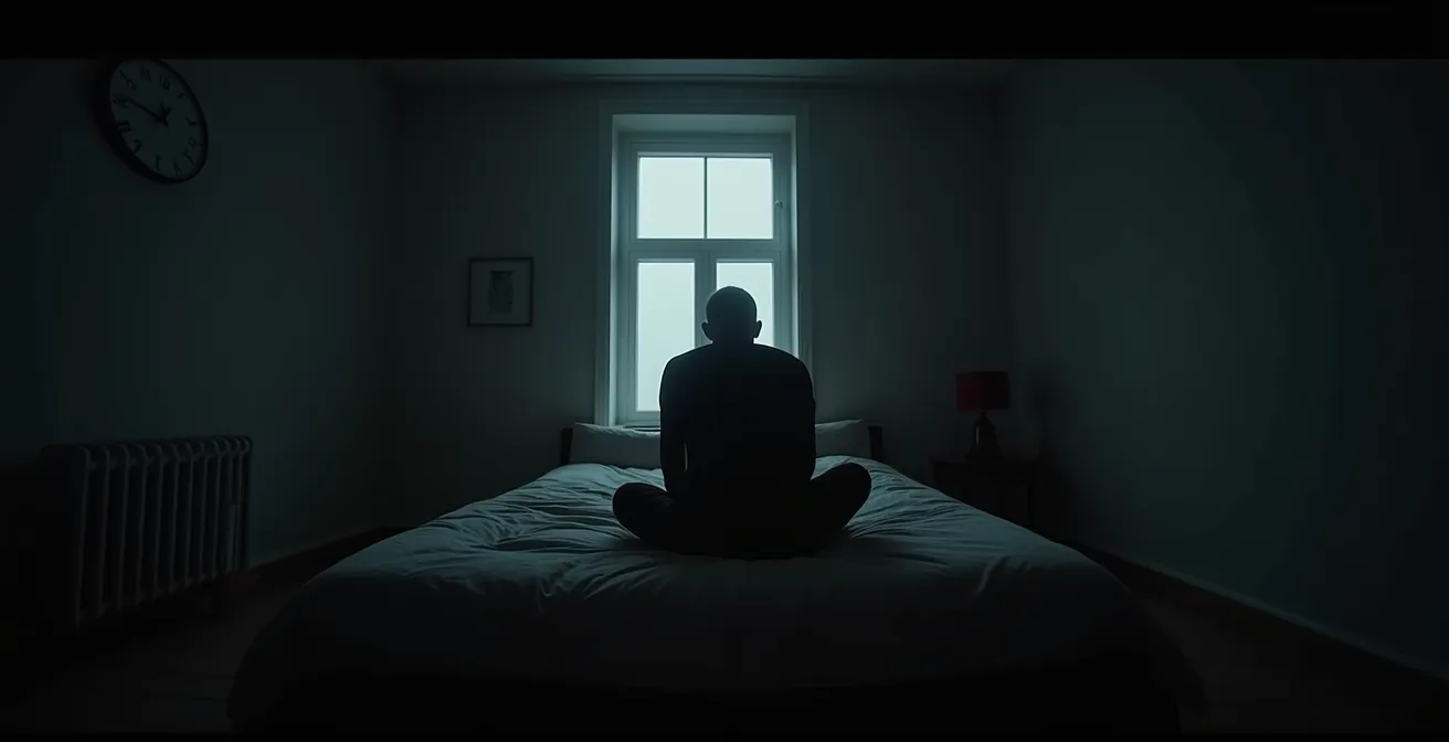 Nächtliche Szene eines schlaflosen Arbeitnehmers mit einer analogen Uhr an der Wand, die 3:47 Uhr anzeigt.