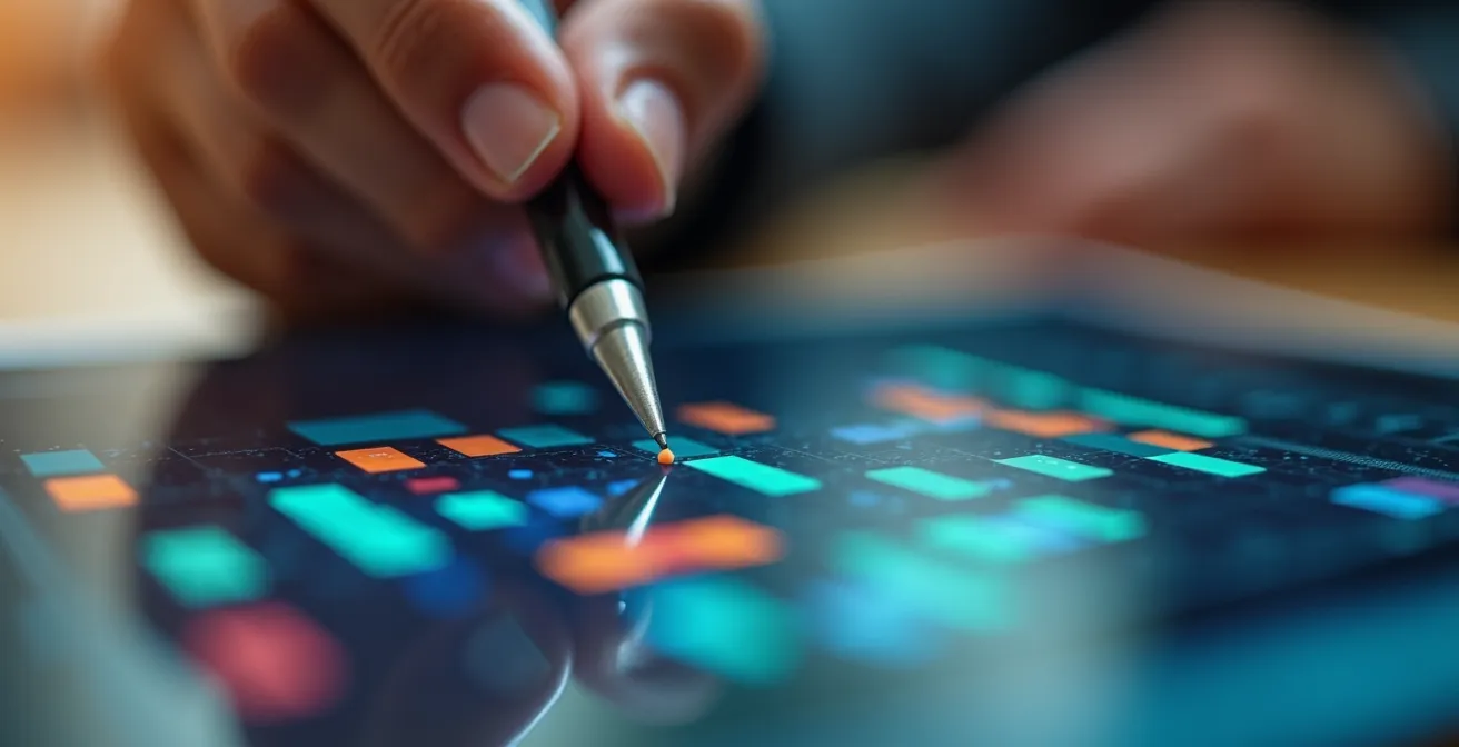 Detailaufnahme einer Hand beim Ausfüllen einer Kompetenz-Matrix auf Tablet