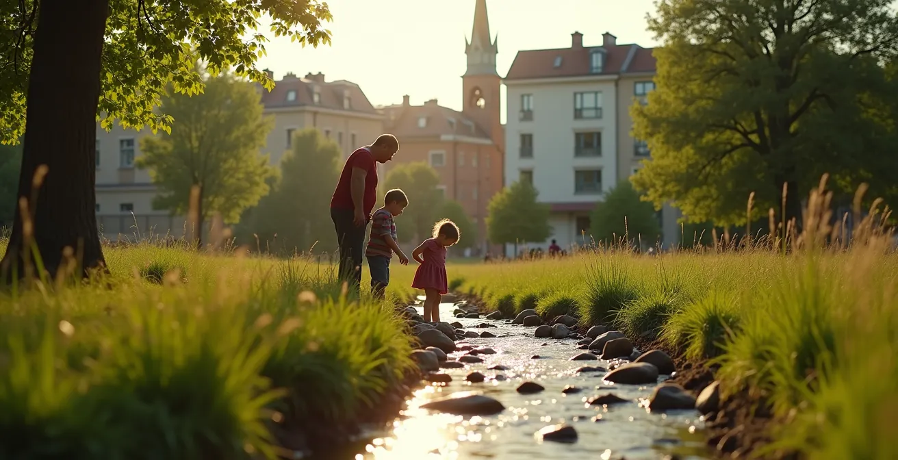 Eine Familie mit zwei Kindern erkundet einen kleinen Bach in einem städtischen Park in Deutschland.