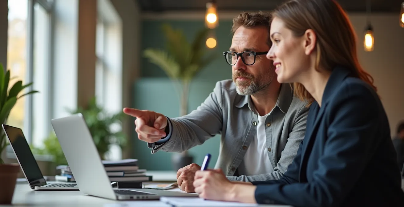 Zwei Kollegen arbeiten gemeinsam an der Einführung eines Produktivitäts-Tools