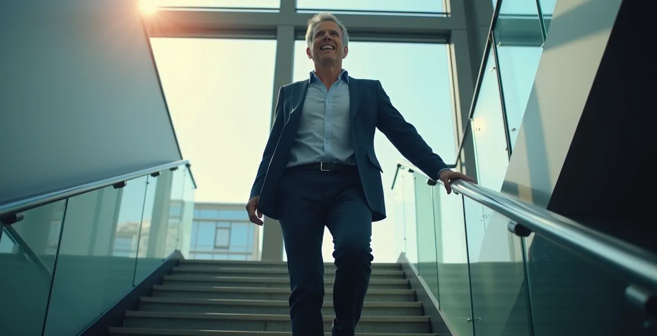 Geschäftsperson beim dynamischen Treppensteigen in einem modernen deutschen Bürogebäude