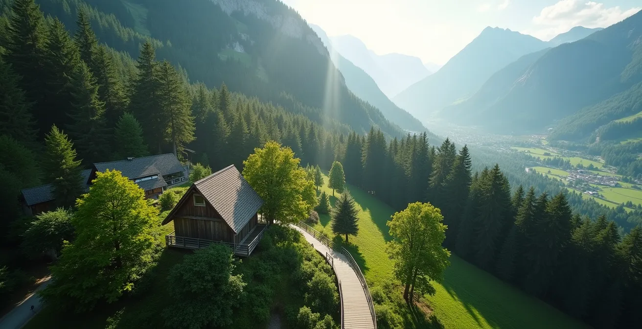 Visuelle Gegenüberstellung der kompakten Familienattraktionen im Hainich versus weitläufige alpine Landschaft Berchtesgadens