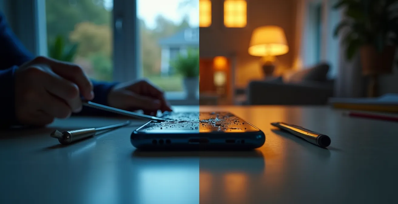 Visueller Vergleich zwischen der Reparatur eines zerbrochenen Handys und der Sicherheit eines Familienhauses bei Sonnenuntergang.