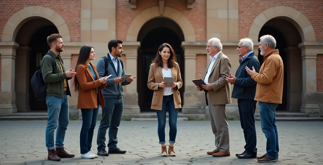 Mehrgenerationengruppe in lebhafter Diskussion vor historischem Gedenkstättengebäude