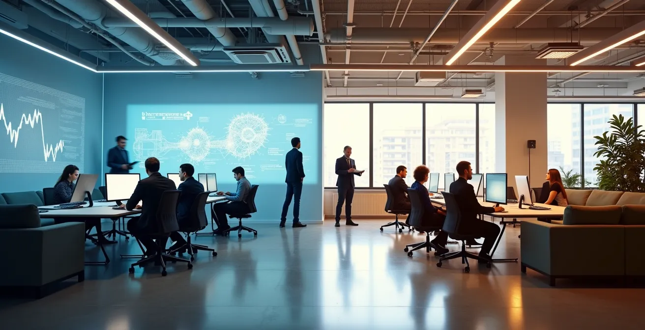 Geteilte Büroumgebung zeigt verschiedene Berufsgruppen bei der Arbeit mit KI