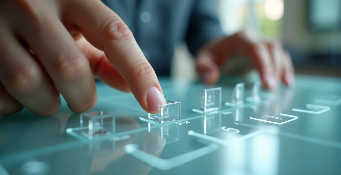 Nahaufnahme von Händen die Preismodelle auf transparenten Glasflächen analysieren