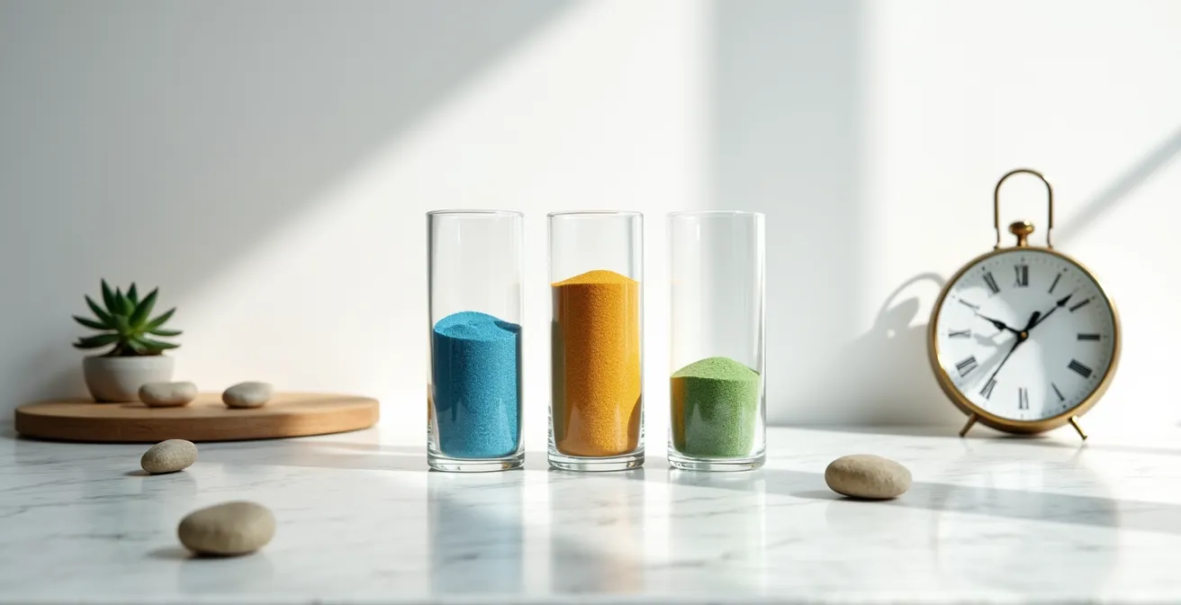 Visuelle Darstellung einer Zeit-Investitions-Matrix mit drei gleichmäßig verteilten Bereichen für Gesundheit, Beziehungen und Wachstum.