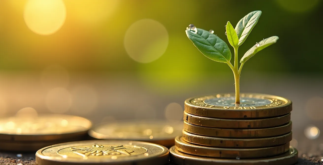 Makroaufnahme von Münzen, zwischen denen eine kleine Pflanze wächst, als Metapher für den Zinseszinseffekt und langfristiges Wachstum