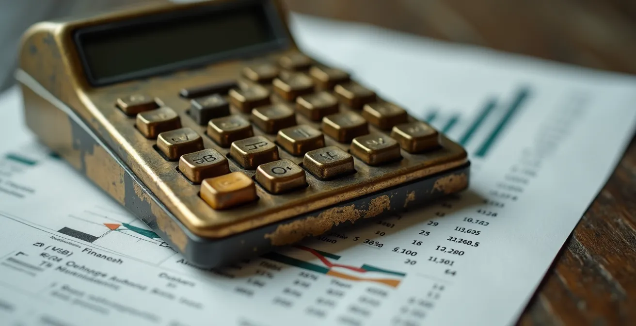 Makroaufnahme von Finanzunterlagen und Taschenrechner bei Kreditverhandlung