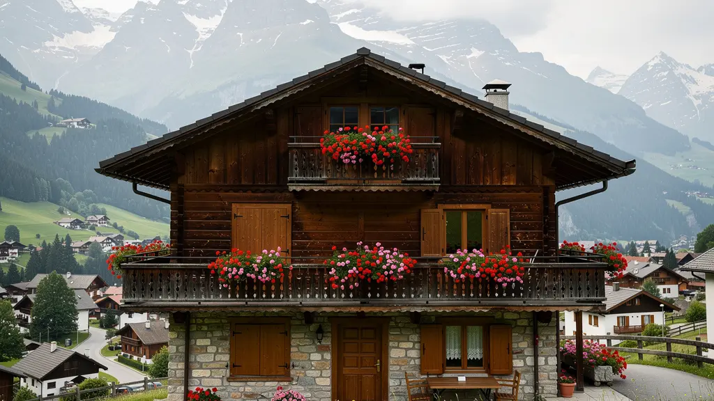 Traditionelles Schweizer Chalet für Immobilienbewertung vor Alpenkulisse